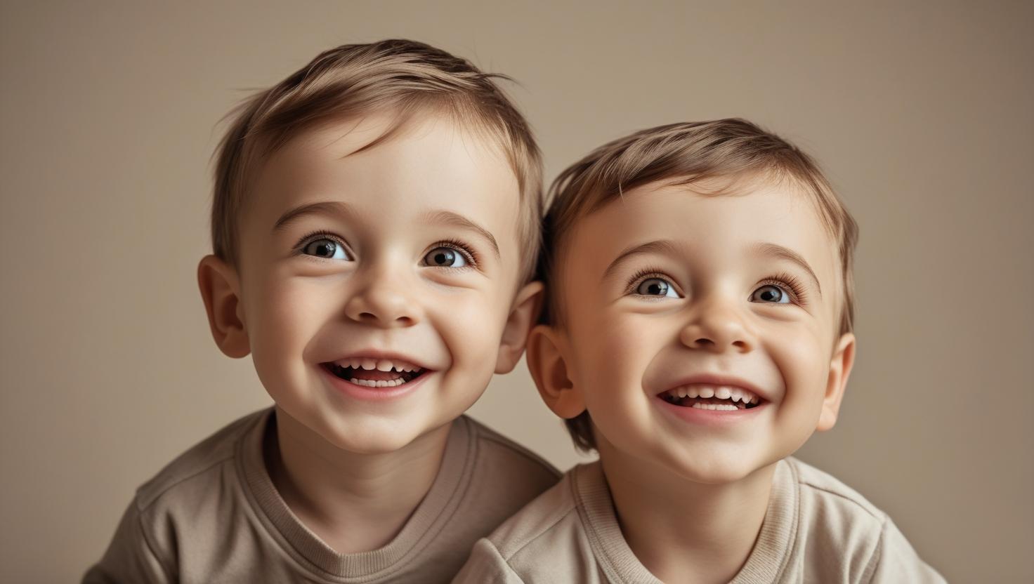 Two happy young children with wide smiles and bright eyes looking upwards, showing expressions of wonder and delight in a warm, neutral-toned setting.
