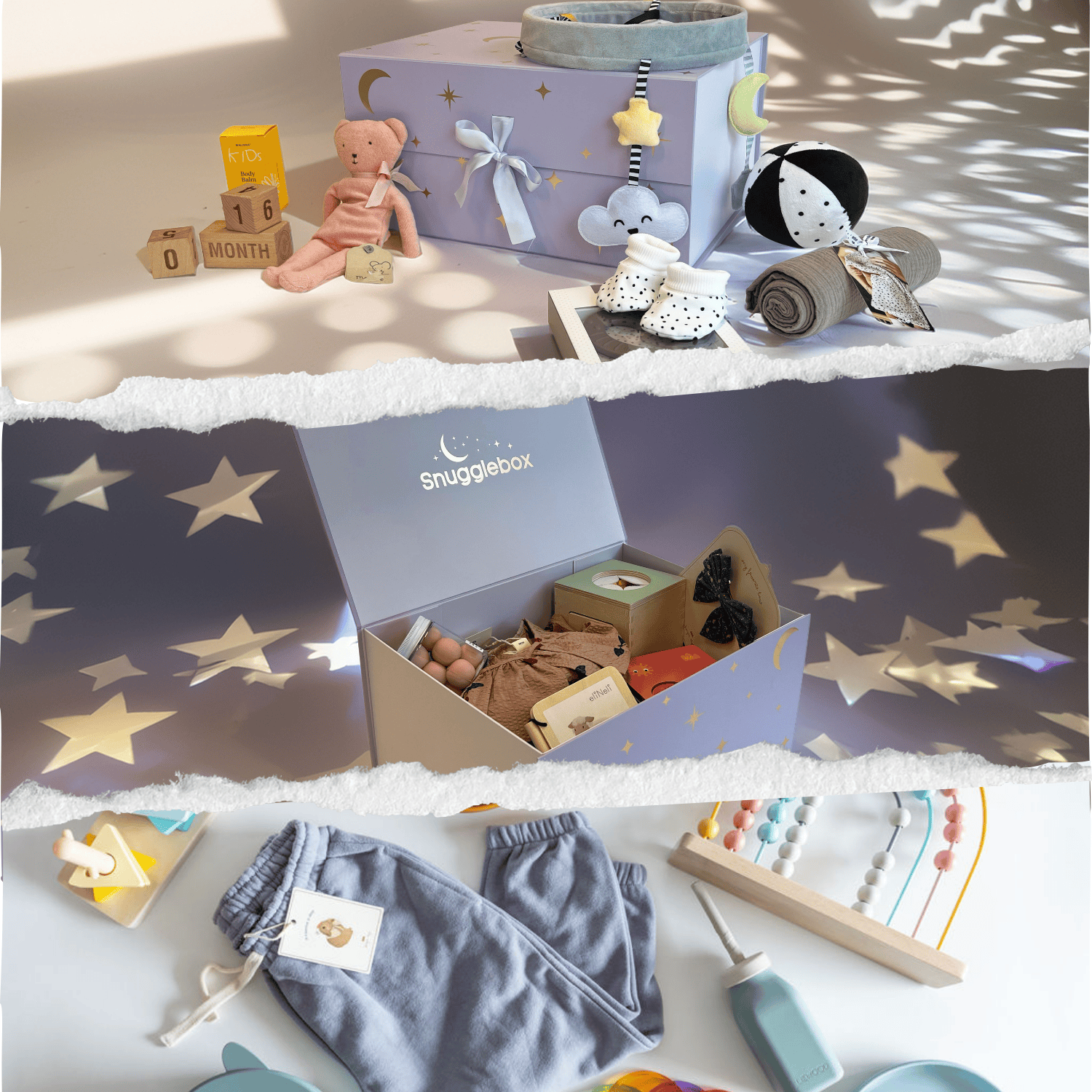 Snugglebox hero collage showing a closed newborn box with developmental toys, an open mystery box revealing curated baby essentials, and toddler clothing with play items.