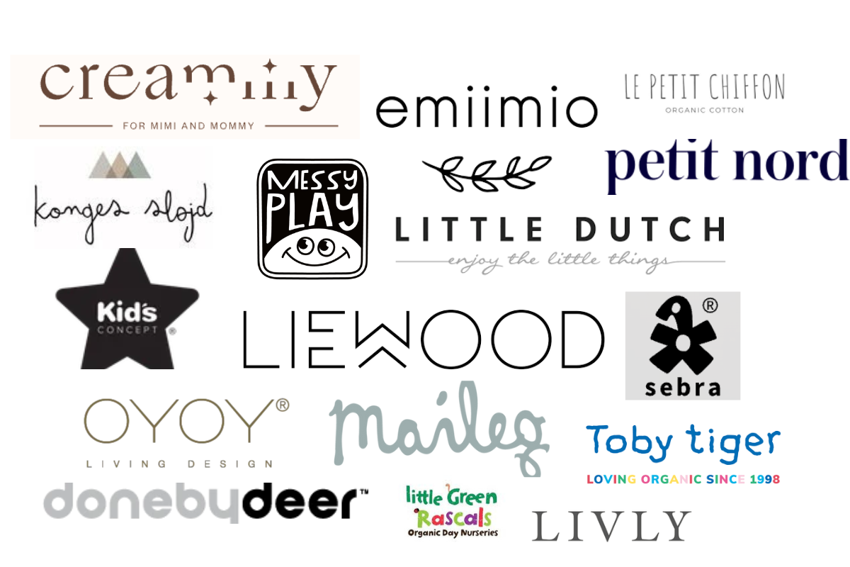 Collage of premium SnuggleBox partner brand logos, including Creamy, Konges Sløjd, Liewood, Done by Deer, OYOY, Maileg, Toby Tiger, and Little Dutch, showcasing high-quality sourcing.