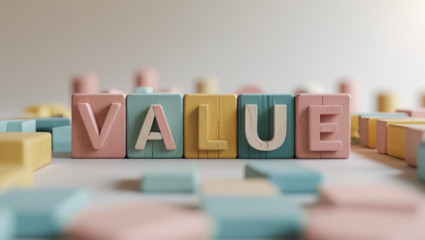 Children's wooden toy blocks in soft Scandinavian colors spelling out the word "VALUE", surrounded by more pastel-colored blocks.